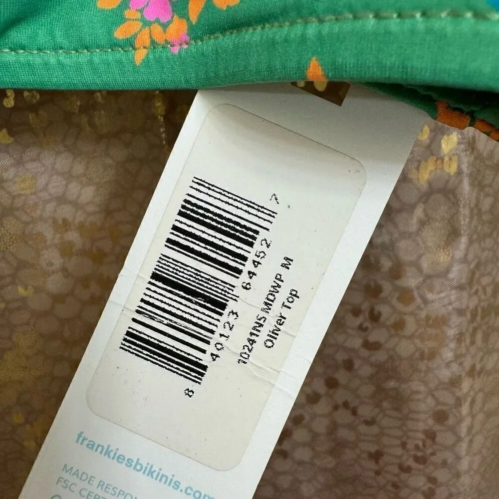 Frankie’s Bikinis Green Floral Oliver One Shoulder Bikini Top Meadow M NWT